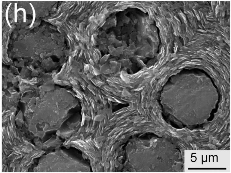 Carbon-carbon composite shows fiber and matrix oxidation after 4 hours of air exposure at 700 °C.  Note the matrix structure with tangential basal plane symmetry. (C. Zhang, M. Chen, S.C. Paulson, R.G. Rateick Jr, V.I. Birss, "New insights into the early stages of thermal oxidation of carbon/carbon composites using electrochemical methods” Carbon [108] 178-189 (2016).)