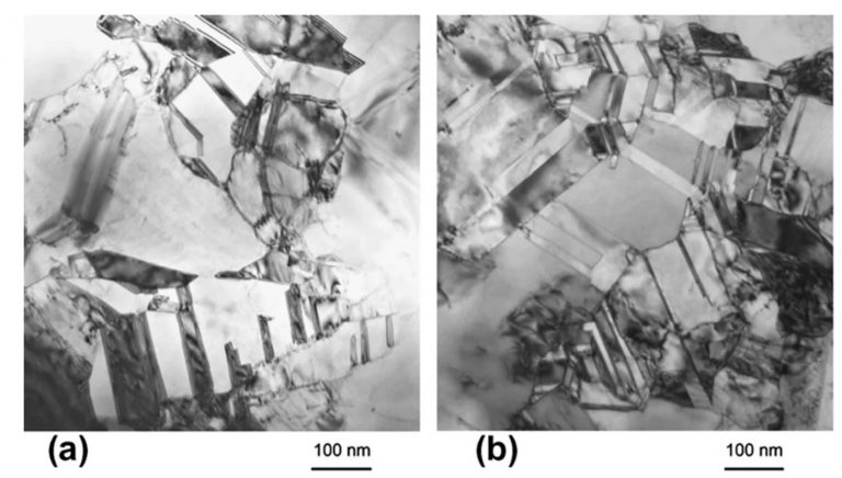 TEM micrographs of nano crystalline electroformed Ni-Co show annealing twins.  Nano twinning was shown to be an effective strengthening mechanism in this alloy. A:  as supplied; B: following fatigue crack growth. (M.D. Sangid, G.J. Pataky, H. Sehitoglu, R.G. Rateick, T. Niendorf, H.J. Maier,  "Superior fatigue crack growth resistance, irreversibility, and fatigue crack growth–microstructure relationship of nanocrystalline alloys” Acta Materialia [59] (19) 7340-7355 (2011).)